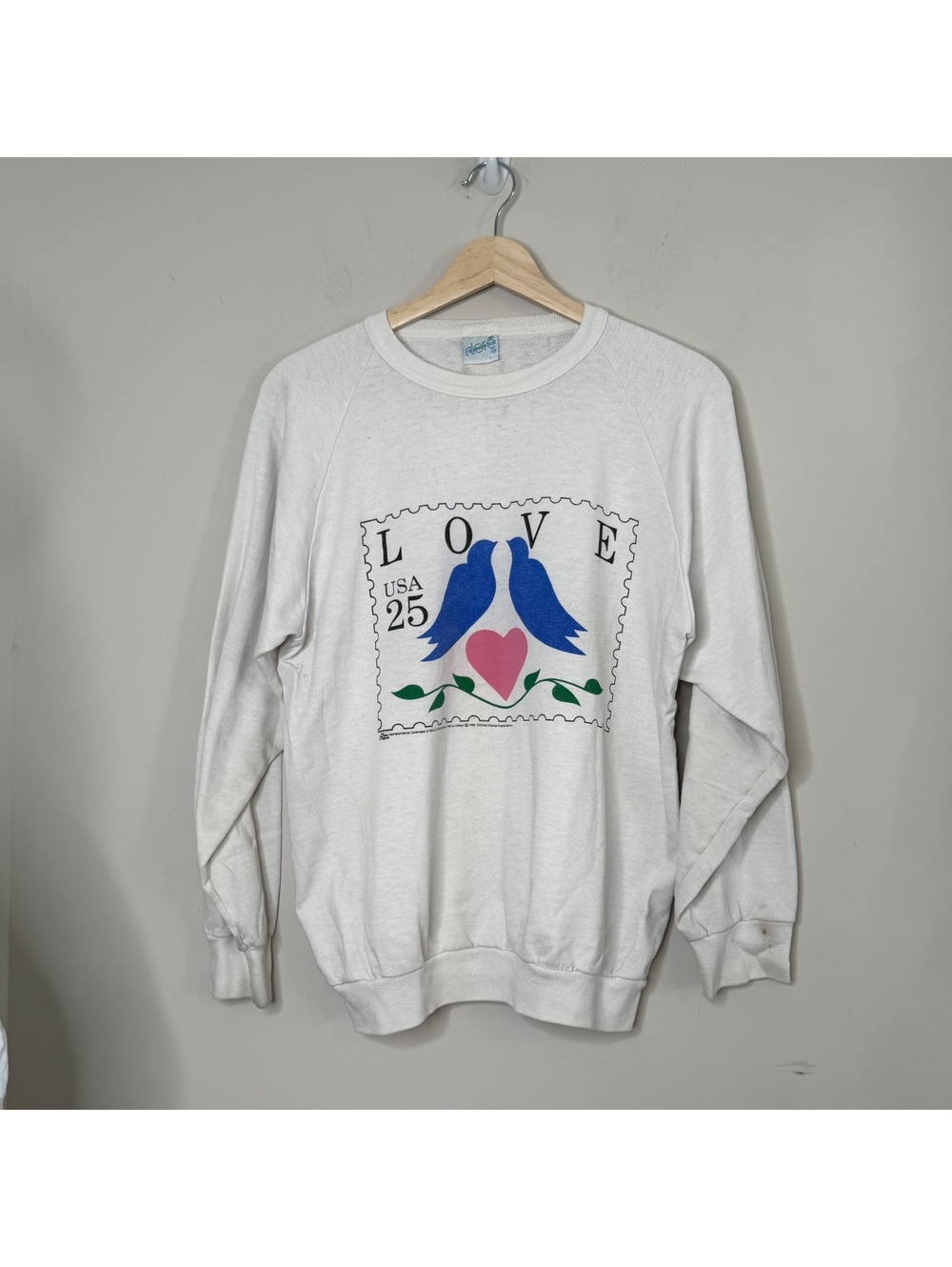 Vintage 1988 Alore LOVE Birds Postage Stamp Sweatshirt 80s Raglan Crewneck